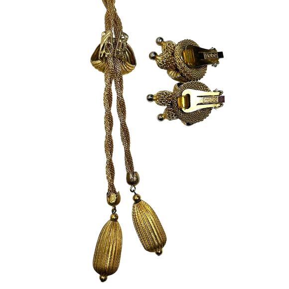 Hobe Gold Brushed Metal and Mesh Necklace Earrings Demi Parure RARE 1950-1960s - Picture 5 of 10